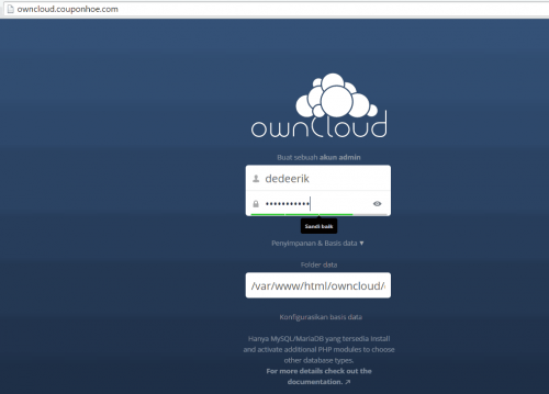 cara membuat akun admin owncloud, akses owncloud melalui browser, instalasi owncloud di browser
